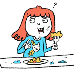 Illustration of Fjóla eating at school